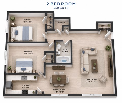 Floor plan for 2 beds, 1 bath, 850 sqft